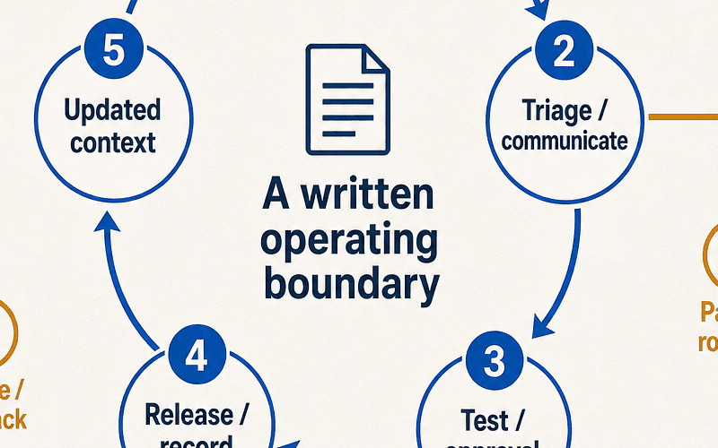 A five-step operating loop moves from signals and review through triage and communication, testing and approval, release and record, and updated context. A visible pause or rollback exit branches from triage and release. The center says that the loop requires a written operating boundary.