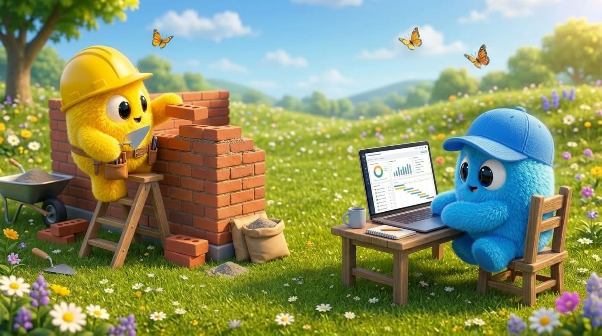 Duet mascots on a sunny flower meadow. A yellow mascot in a hard hat lays bricks on a ladder, a blue mascot on a wooden chair works at a laptop with a roofing dashboard.