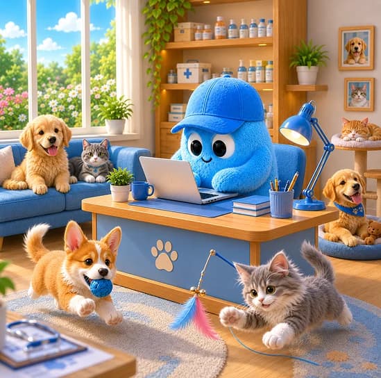 Duet mascots posed as an independent vet practice scene.